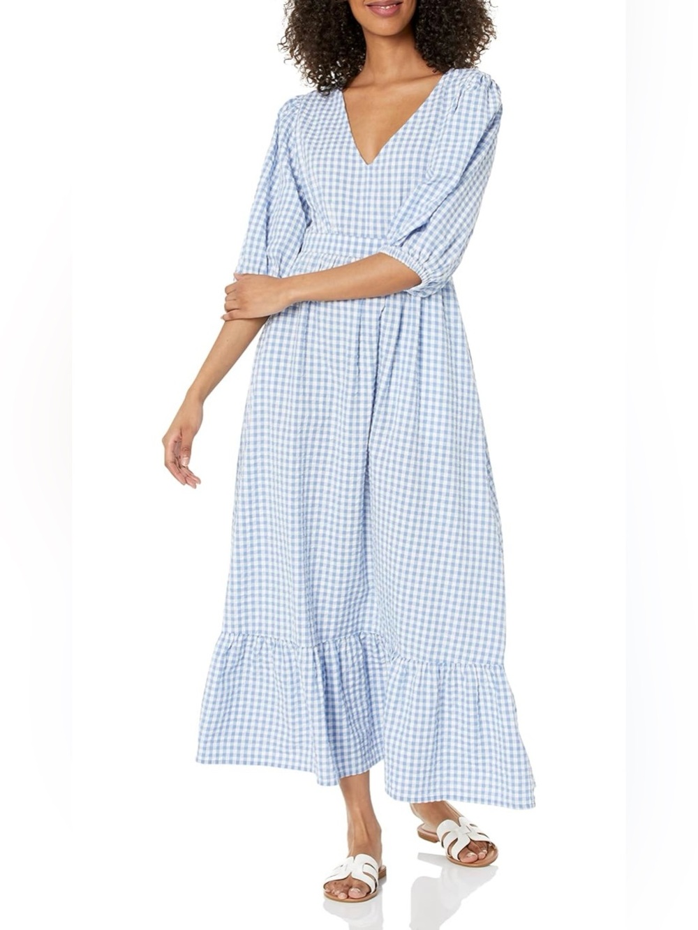 The Drop Blue Gingham Maxi Dress Medium Cotton Puff Sleeve V Neck Cottagecore